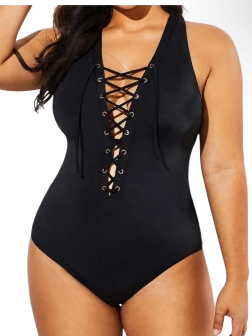 Meet Curve Black Lace Up One Piece Back Swimsuit - 2XL - NWT